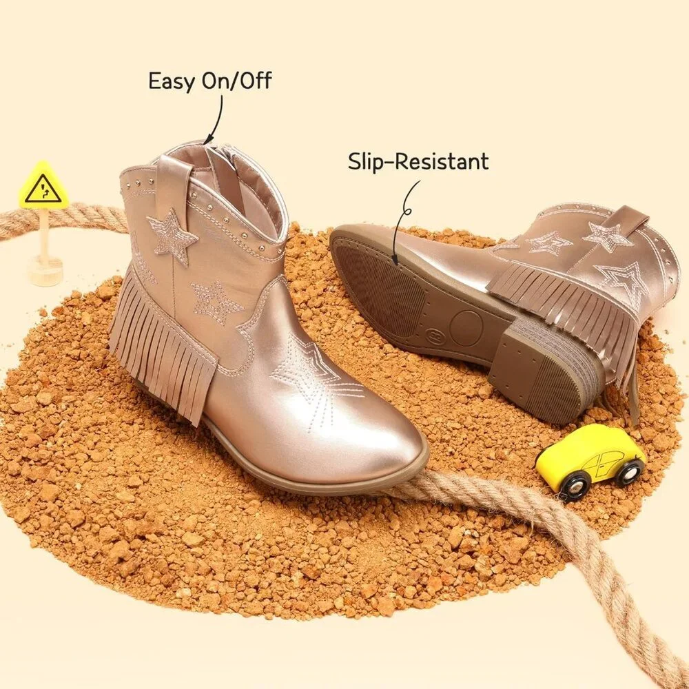 ⚡Girls Rose Gold Cowgirl Ankle Western Boot Side Zipper Riding Shoes With Tassel